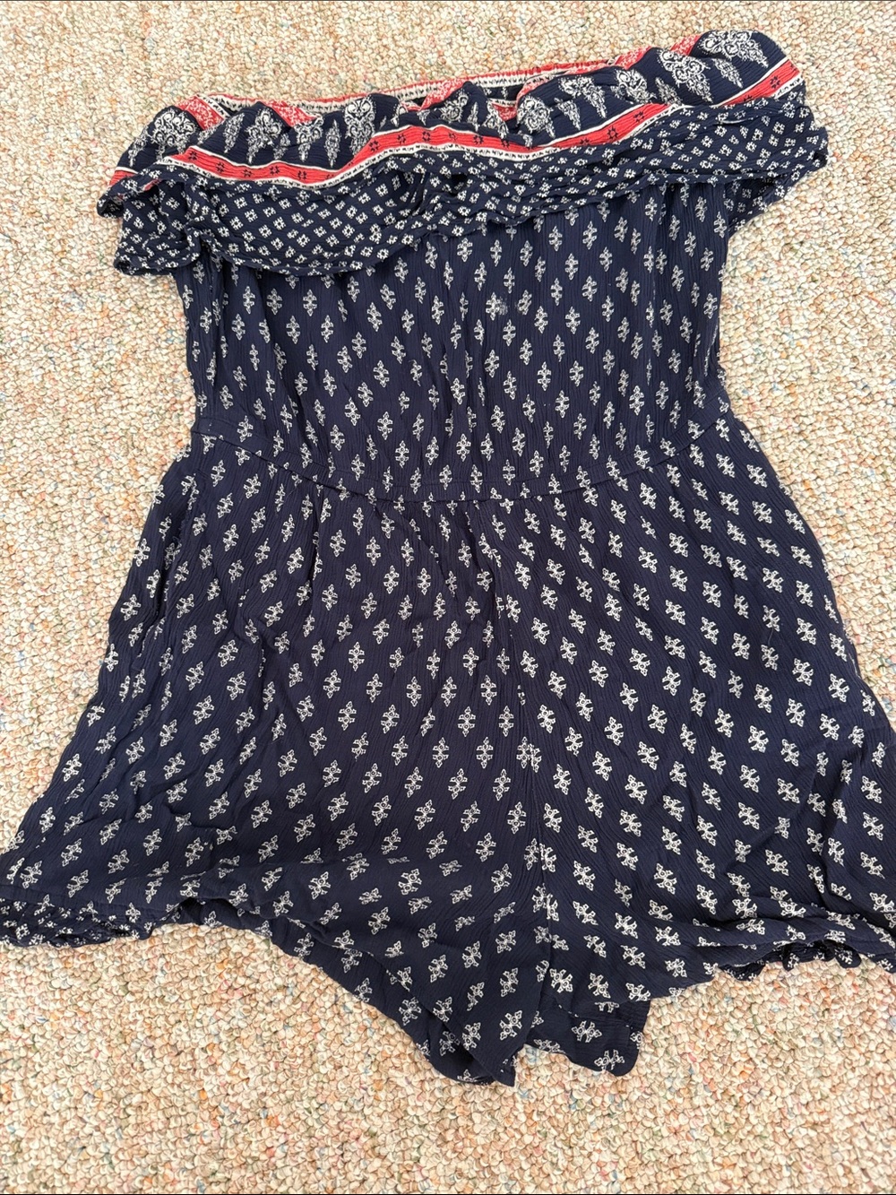 Mudd Navy Blue Printed Off-Shoulder Romper with Red Trim